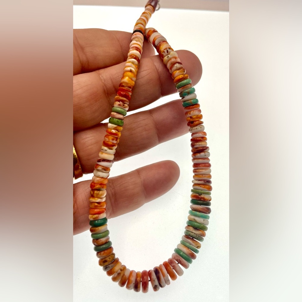 Vintage Spiny Oyster Shell Heishi Necklace Turquoise Beads Southwestern Boho - Picture 6 of 8